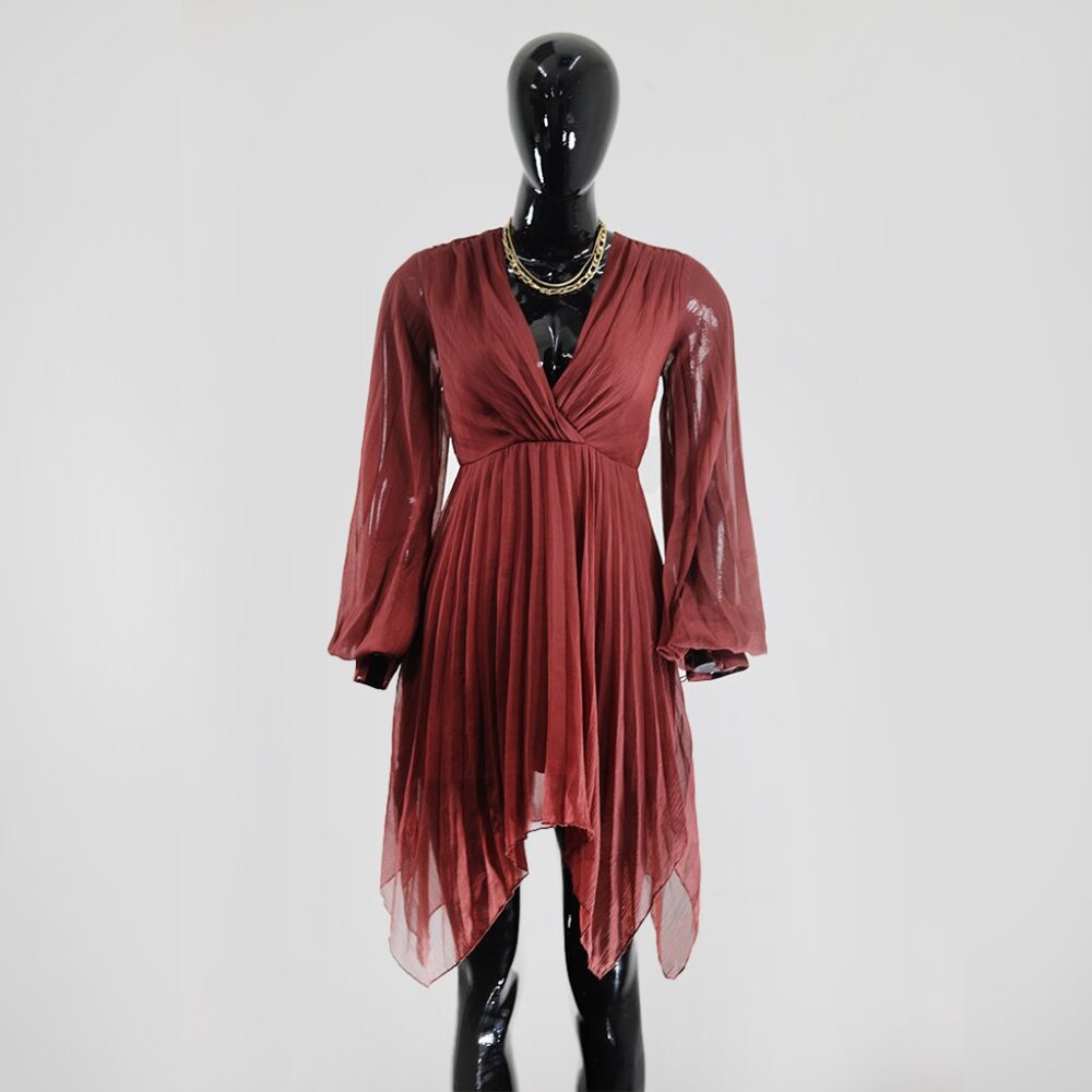 Burgundy Sheer Midi Dress with Flowy Sleeves & Wrap Front